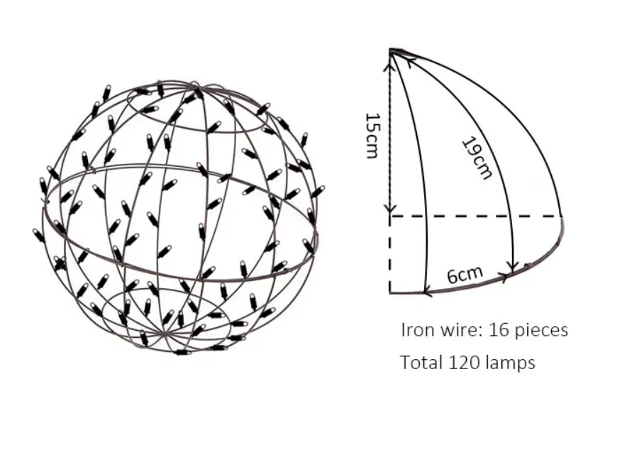 30cm LED Ball Light Structure and Size Diagram 30cm LED ball light structure and size diagram showing spherical frame with 120 LED lamps for outdoor decorative lighting
