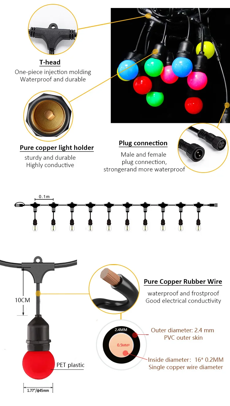 G45 Globe String Lights Rubber Cable Structure with Waterproof Connector G45 globe string lights rubber cable structure with waterproof T-head connector and copper lamp holder for outdoor decorative lighting
