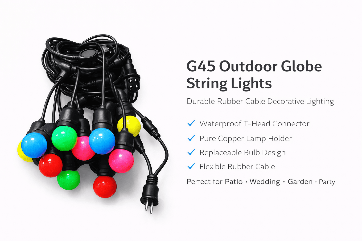 g45 outdoor globe string lights rubber cable banner