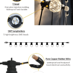 IP67 waterproof landscape LED string lights structure showing T-head connector SMT lampholder PET plastic bulb and pure copper rubber cable