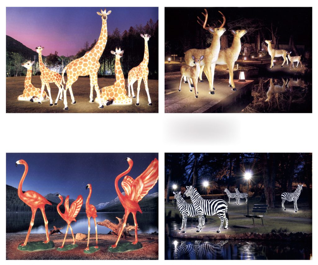 LED animal motif lights including giraffe deer flamingo and zebra outdoor decorative lighting displays