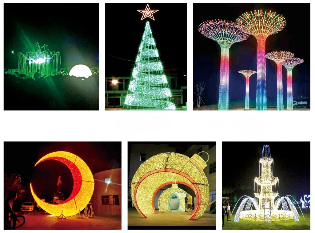 large outdoor LED motif lighting installations including Christmas tree moon tunnel and fountain decorative lights