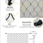 LED net lights structure showing PVC wire, waterproof plug connection and mesh string lights design