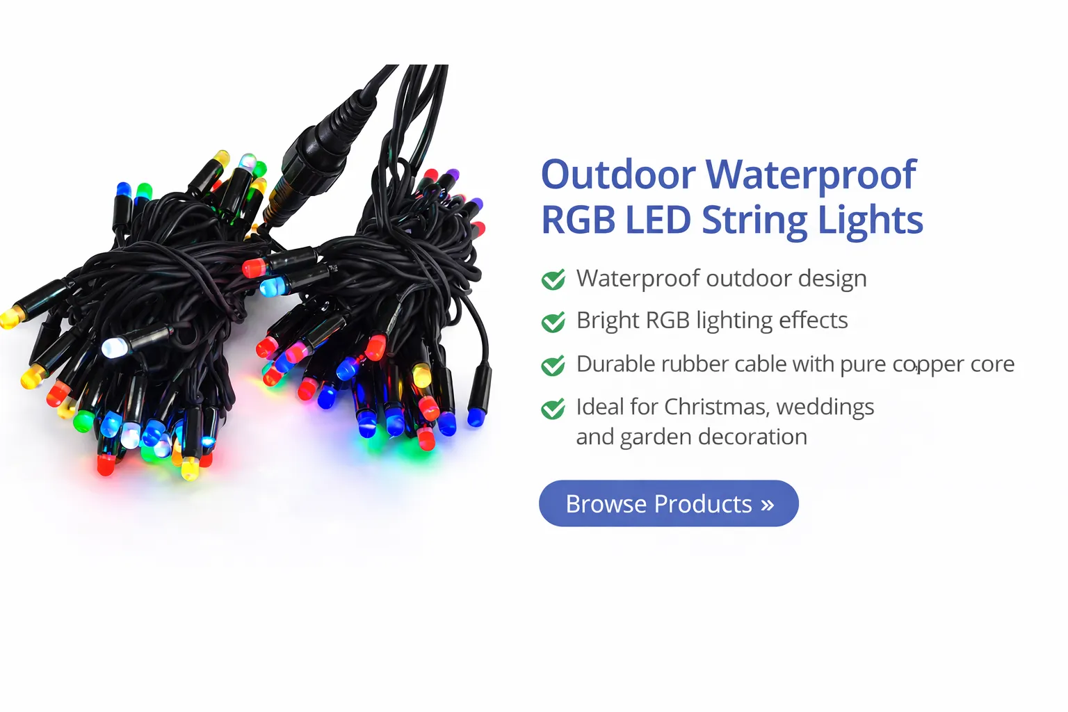 Outdoor waterproof RGB LED string lights with black rubber cable decorative lighting for Christmas wedding and garden decoration