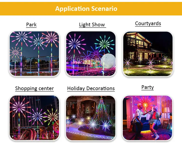 RGBIC firework LED decorative lights used for park light show courtyard shopping center holiday decoration and party lighting displays