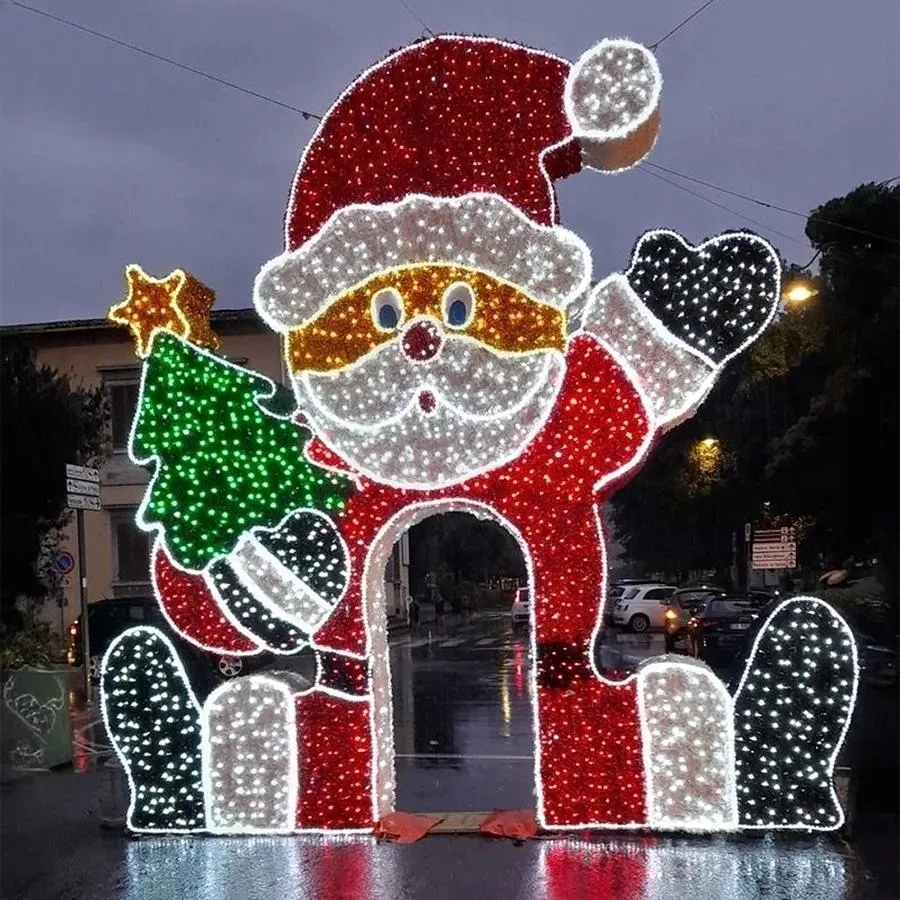 Santa Claus Christmas Arch Lighting Project in USA Street santa claus christmas arch light decoration installed on city street in usa holiday lighting project