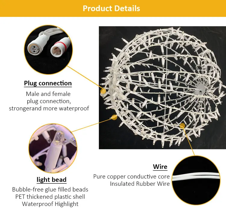 Waterproof LED Ball Light Details with Plug Connector and LED Beads waterproof LED ball light details showing plug connection LED beads and insulated rubber wire for outdoor decorative lighting