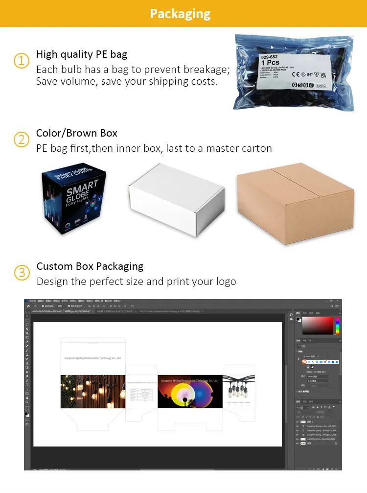 Packaging options for wedding LED string lights including PE bag protection, color box, brown carton, and custom packaging design