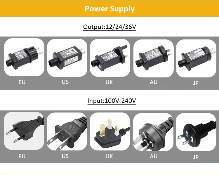Power supply and global plug options for wedding LED string lights including EU, US, UK, AU and JP standards with 100V-240V input
