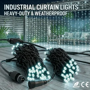 Industrial curtain lights with heavy-duty outdoor cable for commercial decorative lighting projects