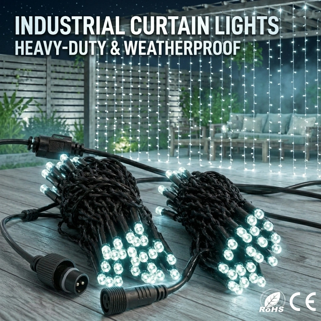 Industrial Curtain Lights Heavy Duty Outdoor Display Industrial curtain lights with heavy-duty outdoor cable for commercial decorative lighting projects
