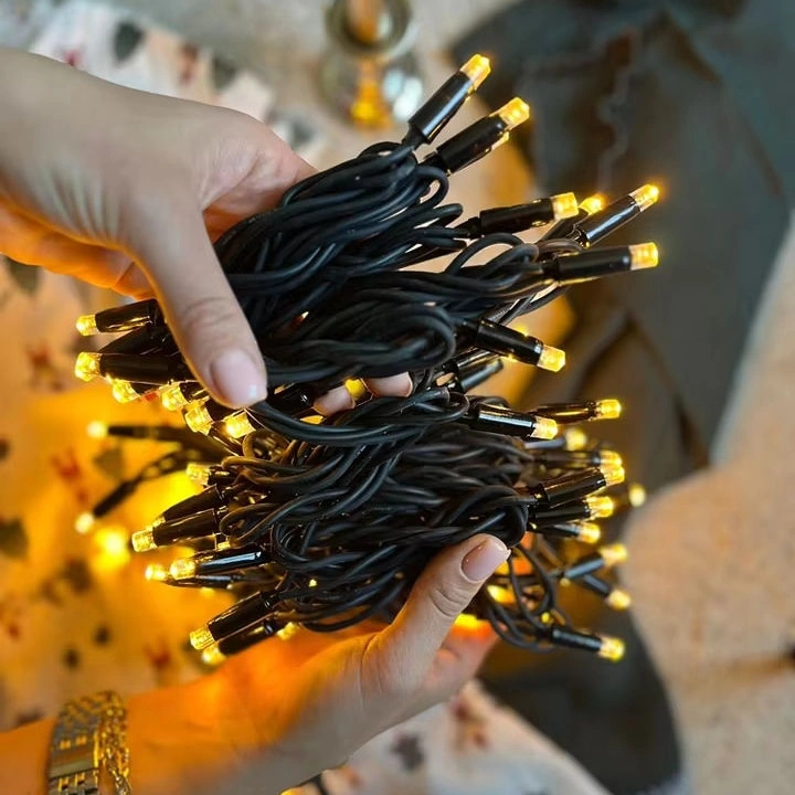 Handheld Warm White LED String Lights Hand holding warm white rubber cable LED string lights for commercial outdoor lighting decoration