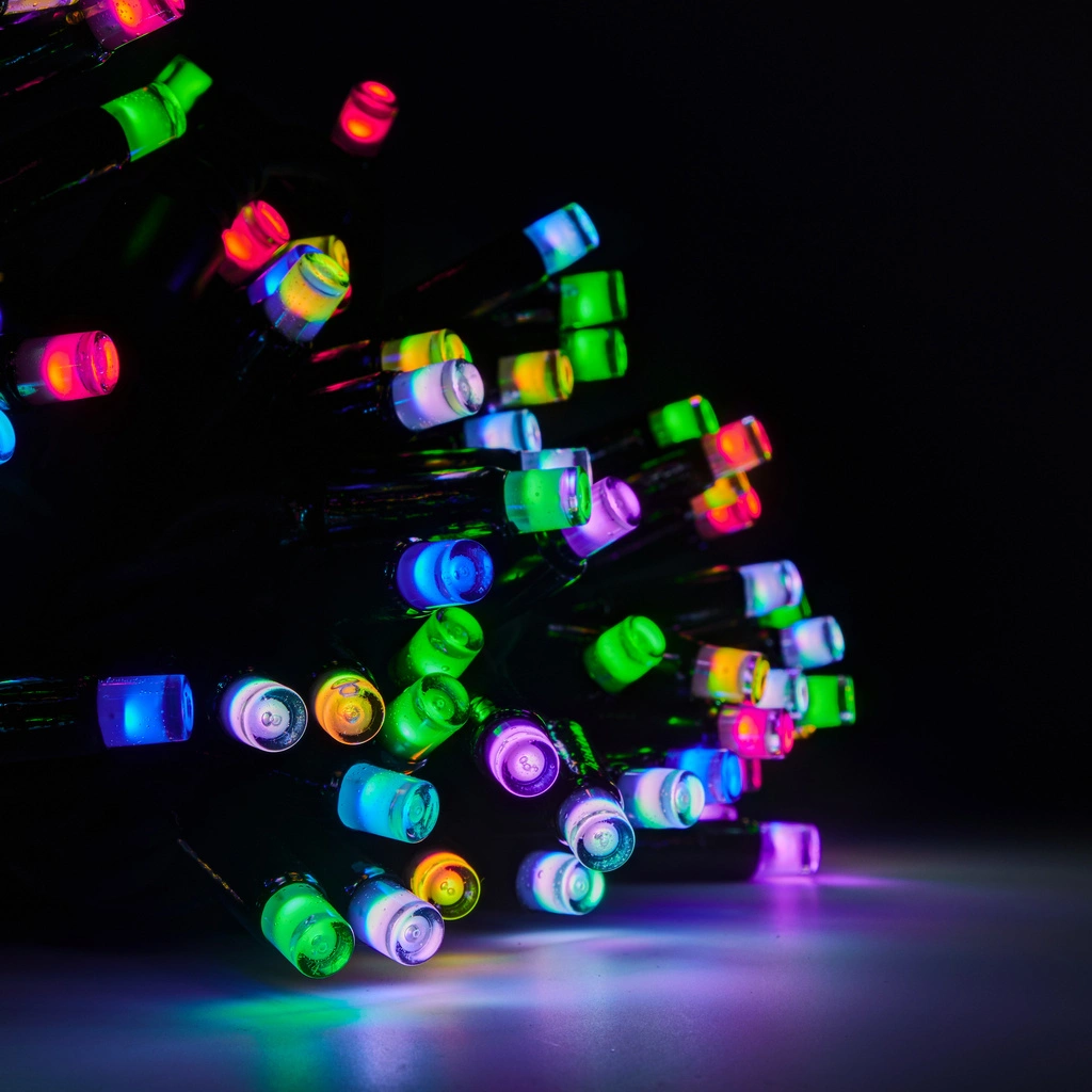 Multicolor LED String Lights Display Multicolor heavy duty string lights with red green blue yellow and purple LEDs for festive outdoor displays