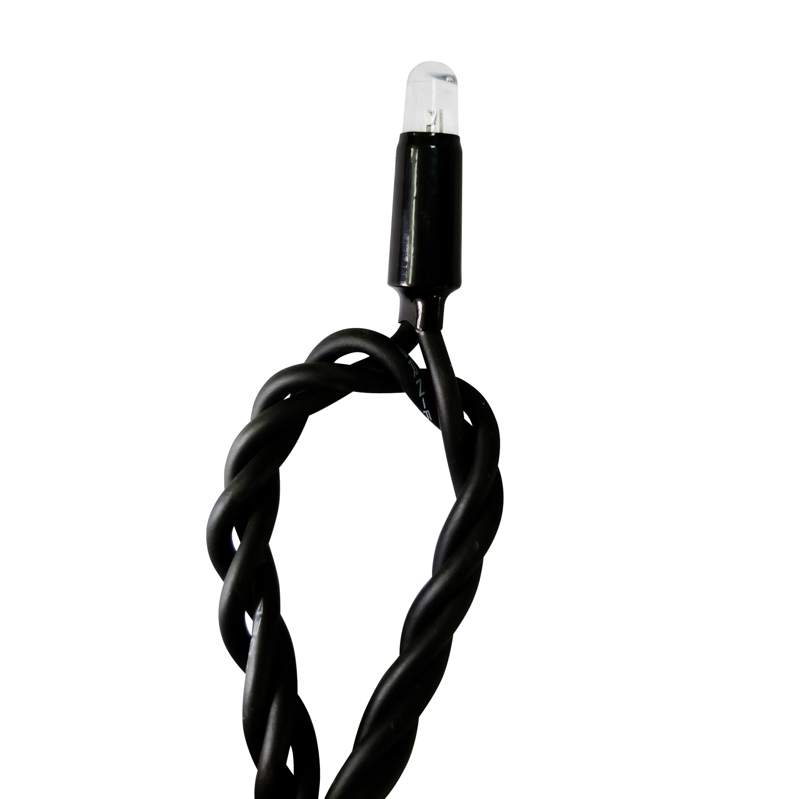 LED String Light Lamp Head Close-Up Close-up of single LED lamp head on black twisted wire string light for outdoor decorative projects