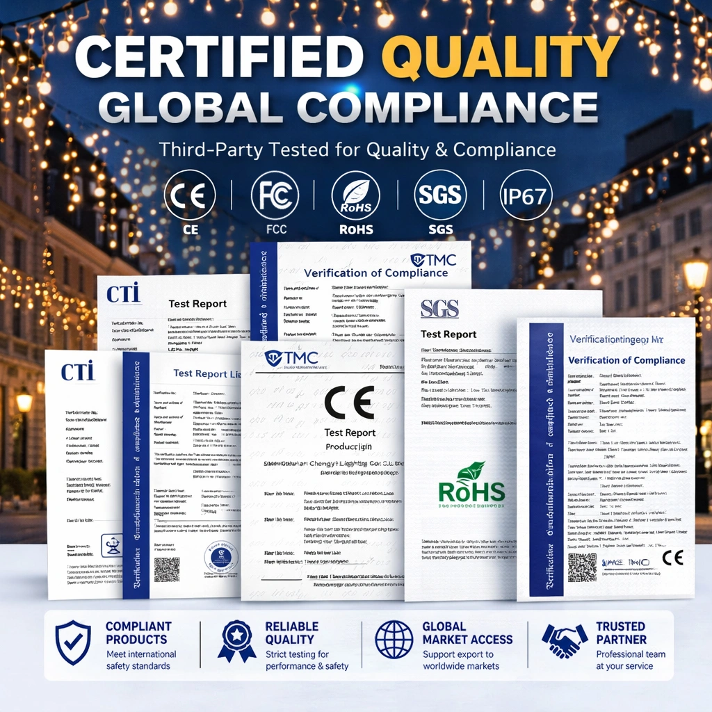 Certified Outdoor Curtain Lights Compliance Certified outdoor curtain lights with CE FCC RoHS SGS and IP67 compliance visuals