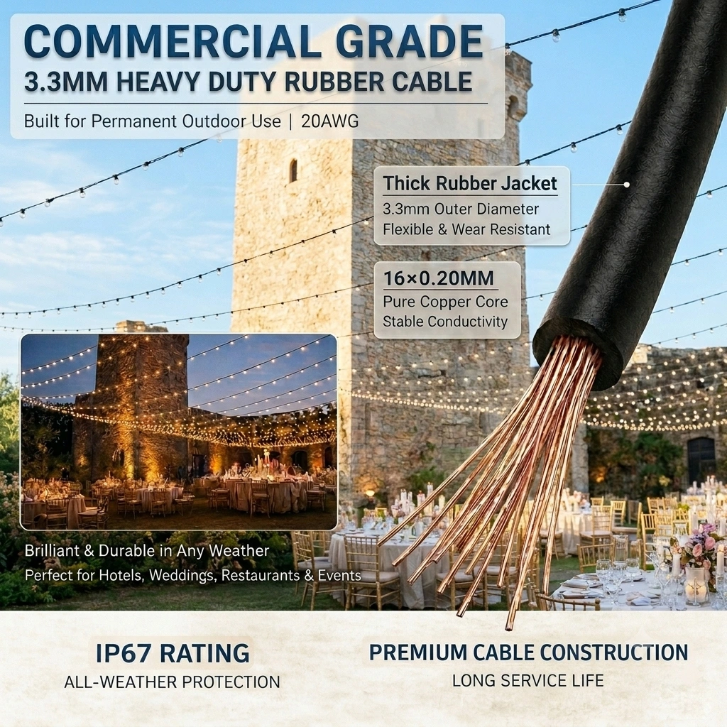 Commercial Grade Rubber Cable Outdoor Lighting Commercial grade rubber cable for outdoor string lights and curtain light projects