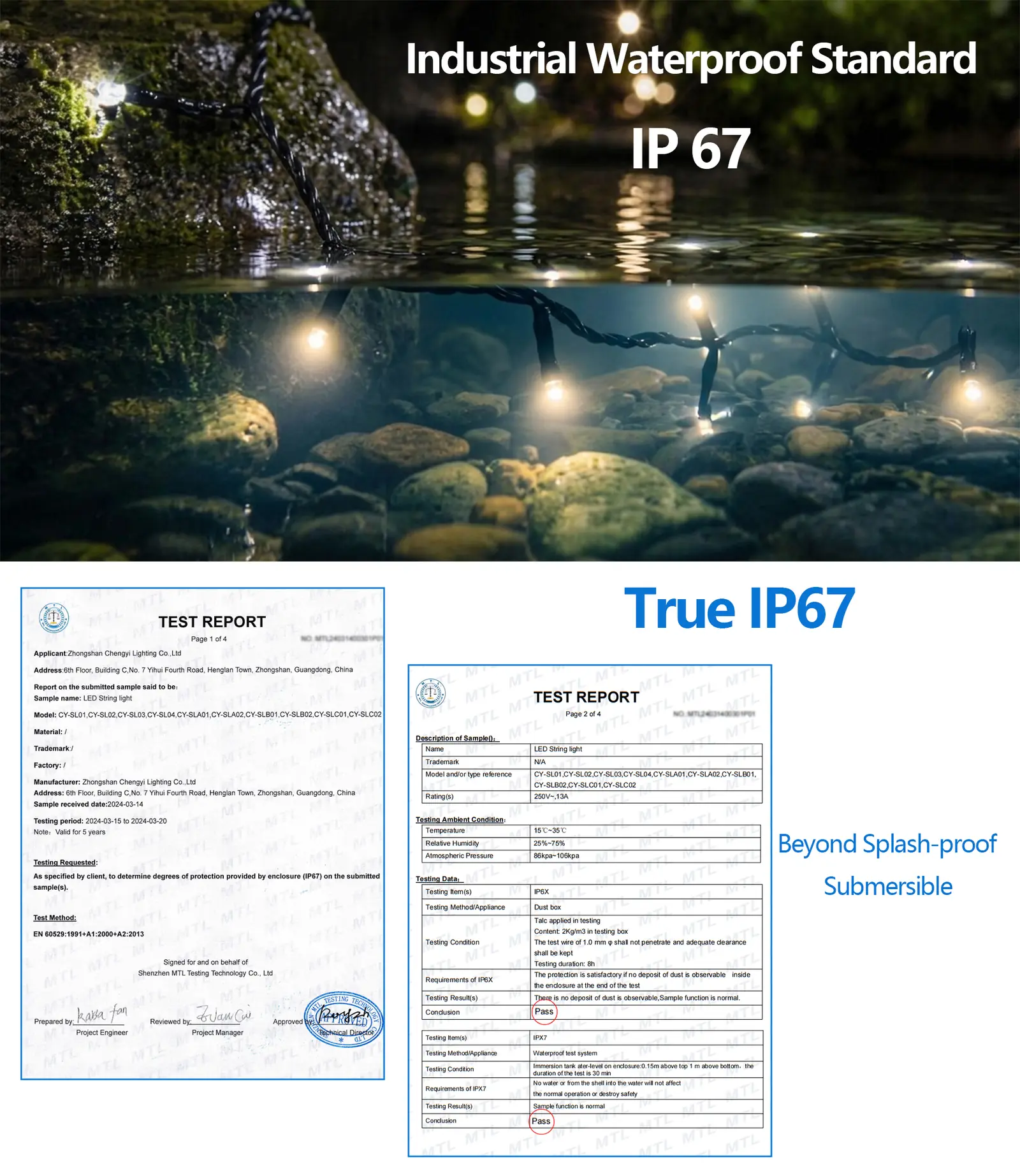 Commercial LED string lights with IP67 waterproof test report and underwater lighting demonstration