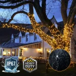 Warm white commercial LED string lights wrapped around outdoor trees for project decoration