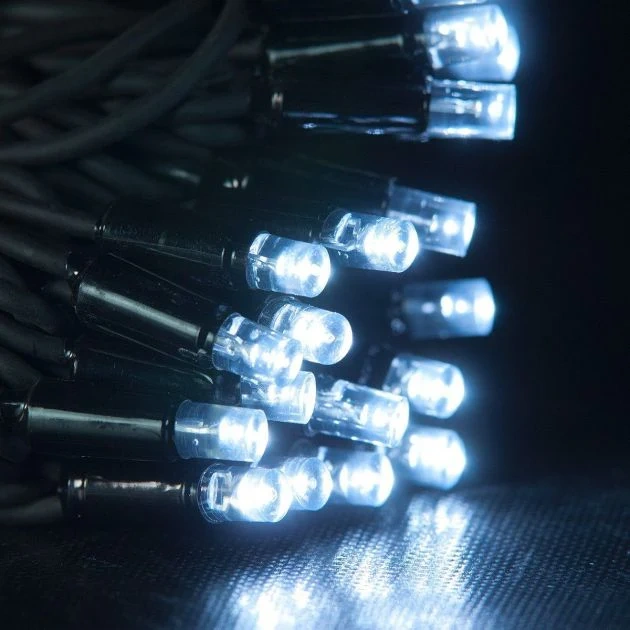 Cool White LED String Light Close-Up Cool white LED string light close-up with black rubber cable for outdoor decorative projects