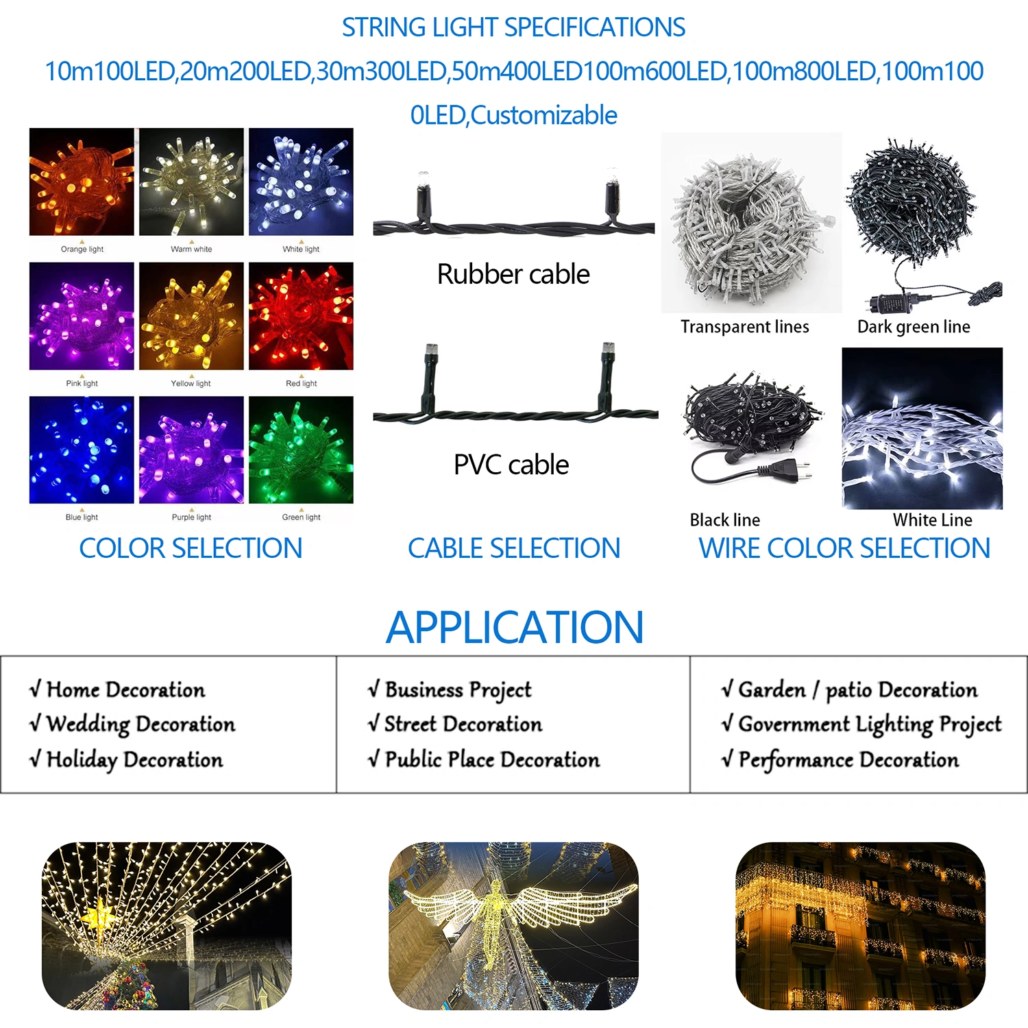 Custom LED String Light Specifications Customizable LED string light specifications with color cable and wire options