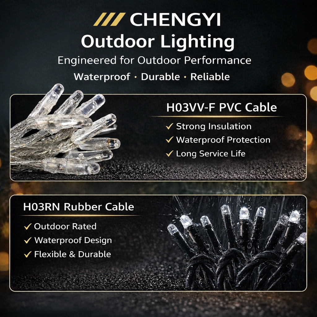 PVC and Rubber Cable Outdoor Fairy Lights Outdoor fairy lights with H03VV-F PVC and H03RN rubber cable options