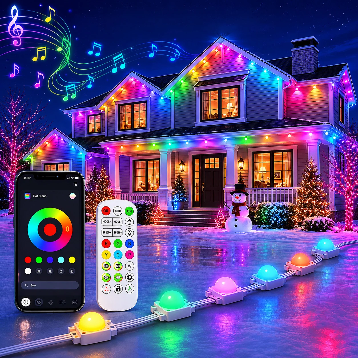 24V RGBIC music sync permanent eave lights for roofline and soffit