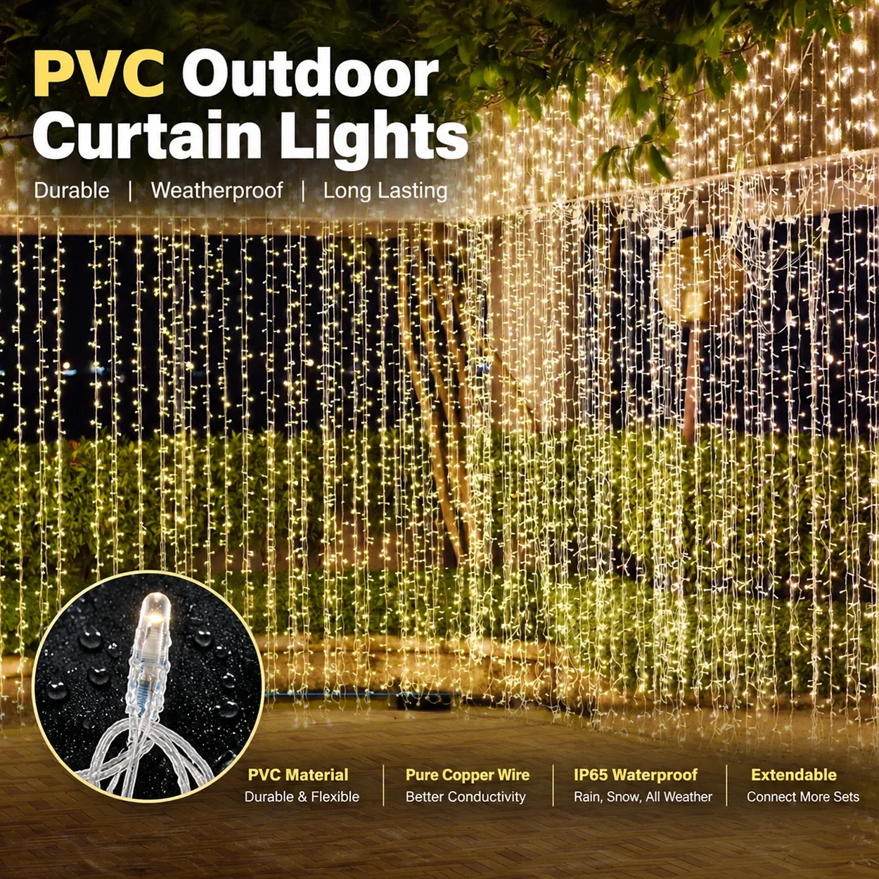 custom size LED waterfall curtain lights for outdoor window decor