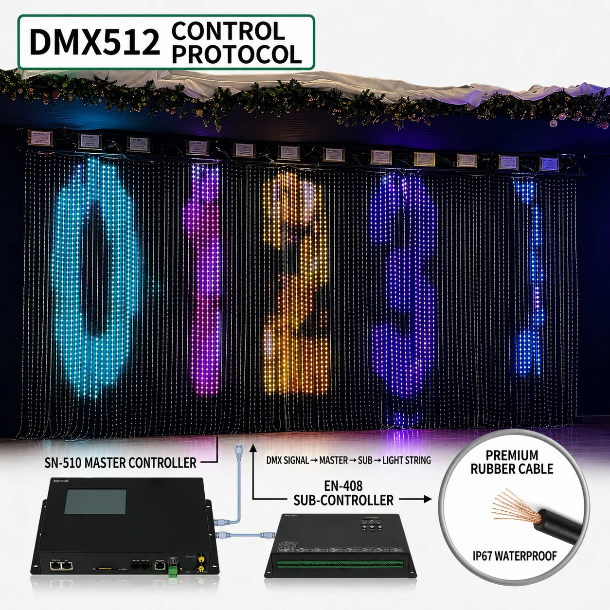DMX512 addressable RGB pixel string lights with SN-510 and EN-408 controllers