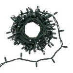IP67 green PVC string lights coiled on a white background