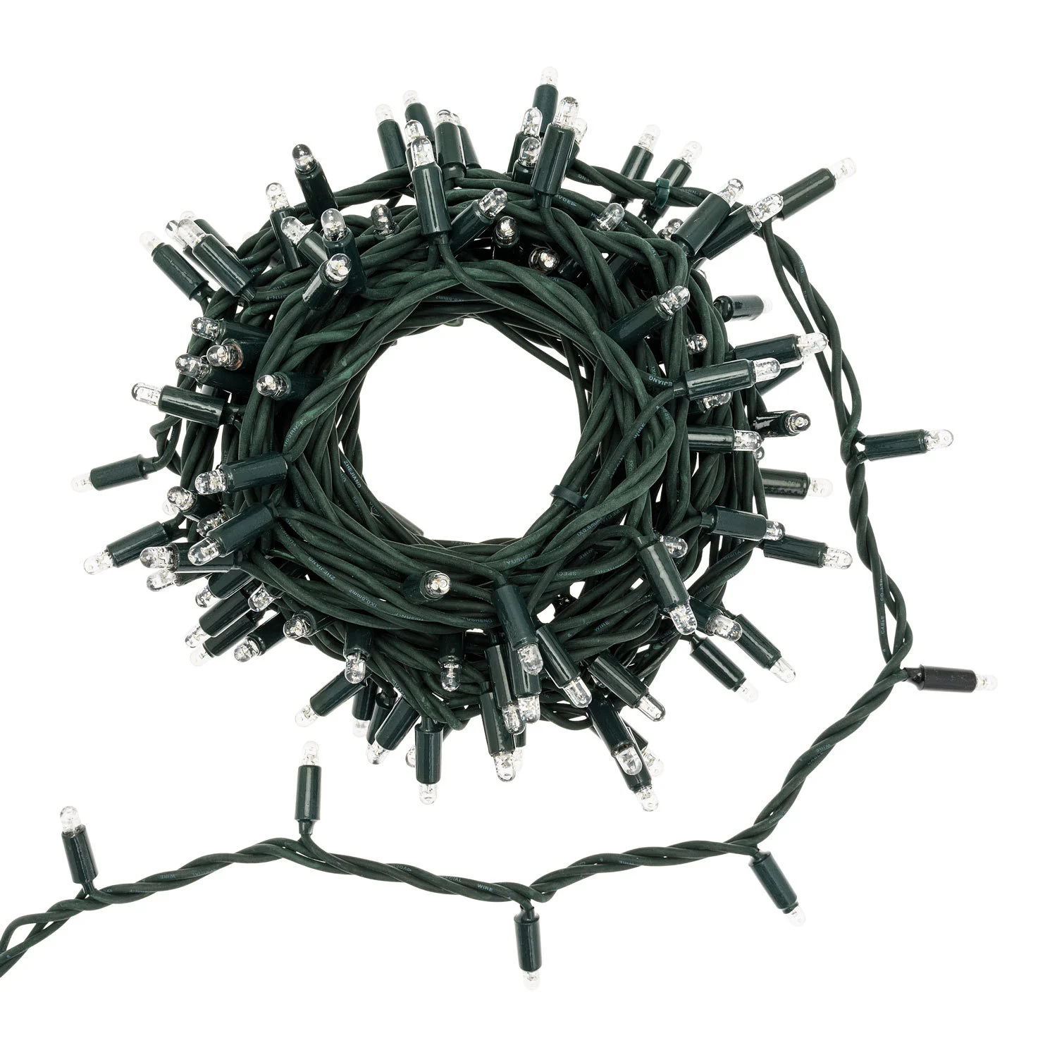 IP67 green PVC string lights coiled on a white background